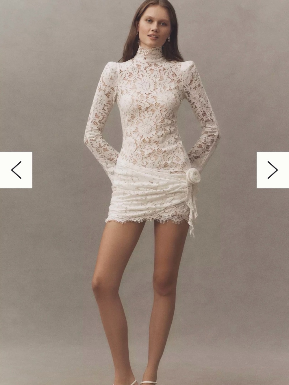 High-Neck White Lace Mini Dress with Draped Rosette Detail